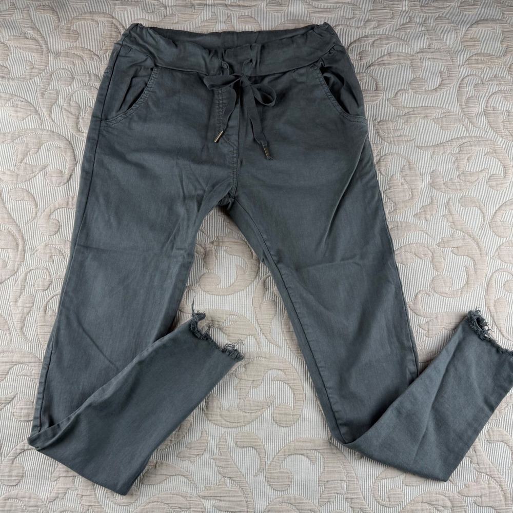 Venti6 Women XS Charcoal Gray Drawstring Jogger Pants Frayed Hem Made in Italy
